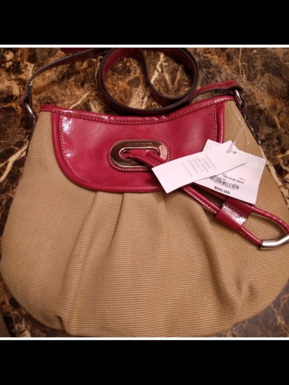 LIZ Claiborne Beige Canvas Shoulder Bag with Red Trim